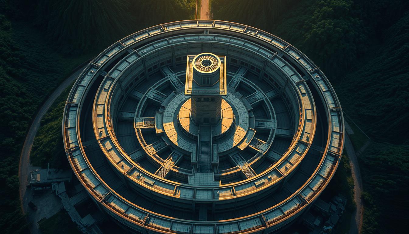 Aerial view of a massive, circular prison complex with a central watchtower, intricate design featuring multiple layers, contrasting light and shadow, surrounded by green landscapes, evoking feelings of surveillance and isolation, blending utopian architecture with a dystopian atmosphere.