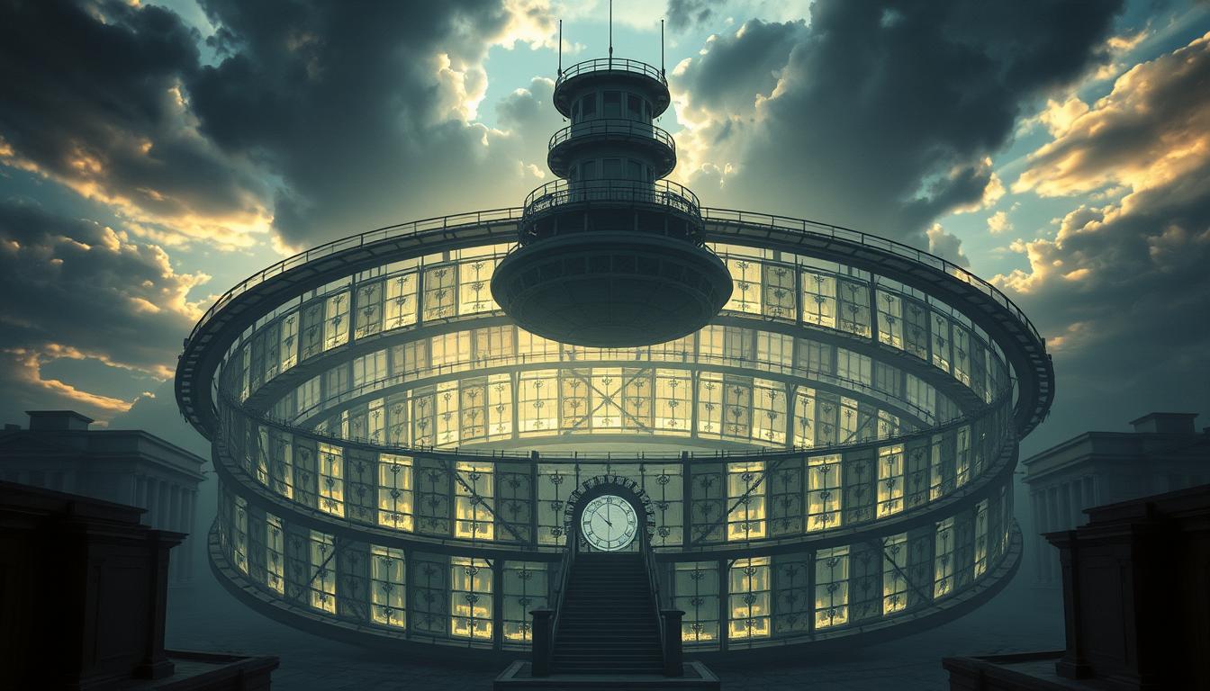 A surreal architectural visualization of the Panopticon, showcasing its circular structure with an imposing central watchtower, surrounded by an intricate network of translucent cells. The setting is a stark urban landscape under a dramatic sky, with shadows and reflections illustrating themes of surveillance and control. Elements symbolizing discipline and order, such as clock gears and chains, subtly integrated into the scene, evoking a sense of both genius design and dystopian oversight.