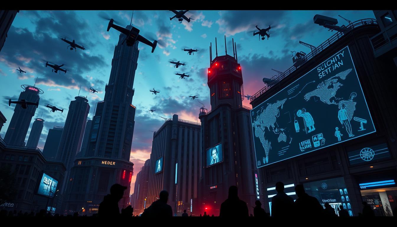 A surreal architectural visualization of the Panopticon, showcasing its circular structure with an imposing central watchtower, surrounded by an intricate network of translucent cells. The setting is a stark urban landscape under a dramatic sky, with shadows and reflections illustrating themes of surveillance and control. Elements symbolizing discipline and order, such as clock gears and chains, subtly integrated into the scene, evoking a sense of both genius design and dystopian oversight.