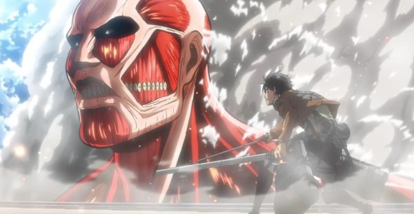A battle against a Titan from "Attack on Titan."