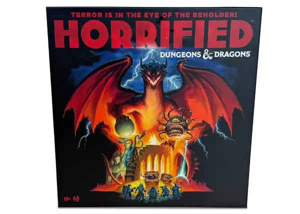 Box cover of Horrified: Dungeons & Dragons, featuring a large red dragon and a menacing beholder looming over a fantasy cityscape with adventurers and magical elements. Includes the