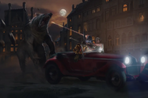 Illustration from the Acheron TTRPG Core Rulebook depicting a dark, Lovecraftian horror scene with a monstrous creature attacking a vintage car under