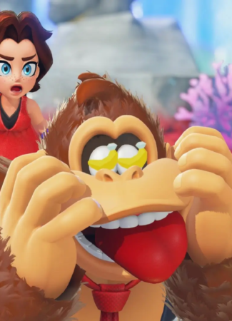 Donkey Kong character in a playful pose with an animated woman in the background on a colorful, vibrant landscape, featuring rocks and coral, highlighting the creativity and fun of the new DK Bananza platformer on Switch 2.