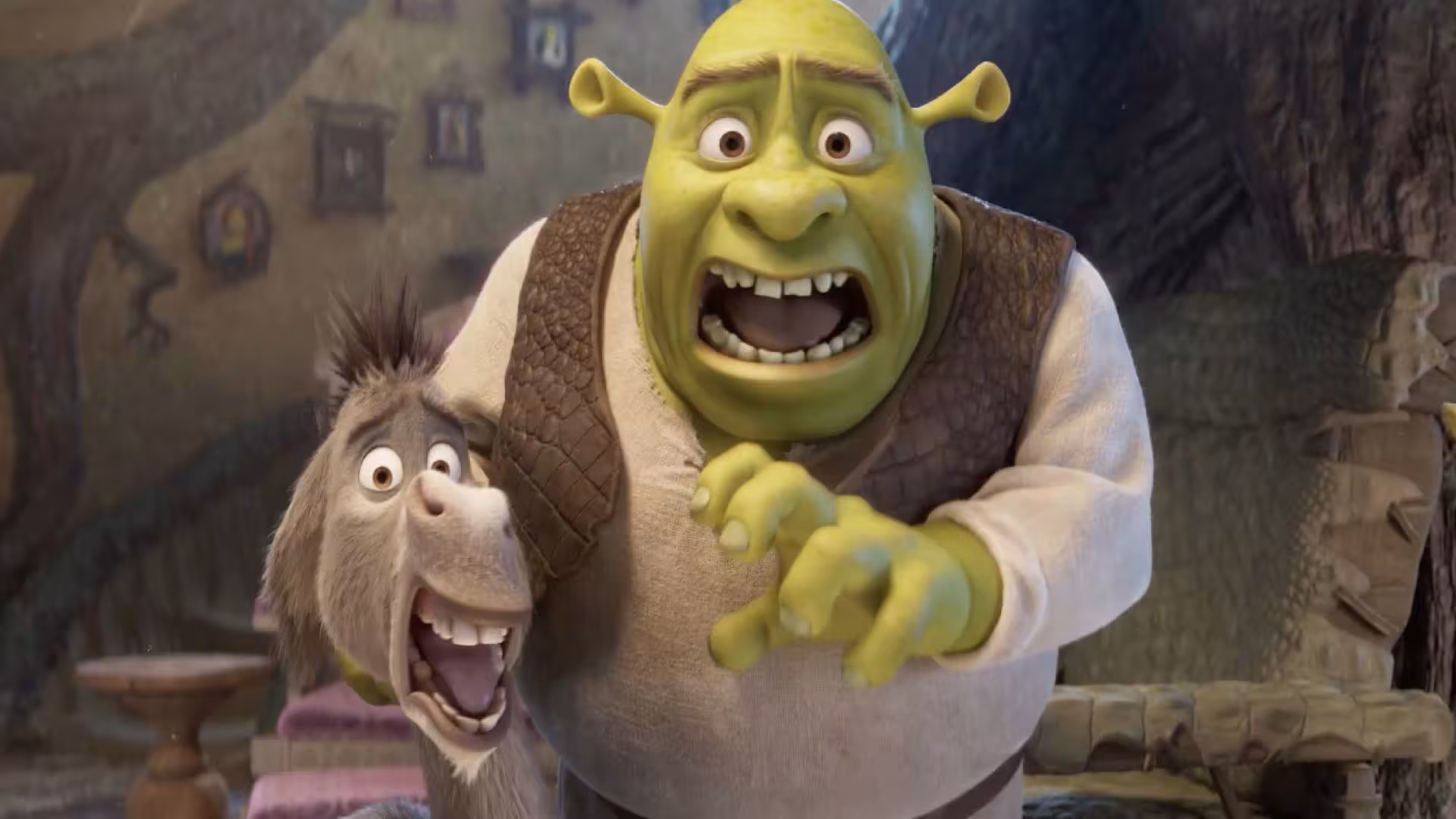 Shrek and Donkey reacting to the Shrek 5 soundtrack